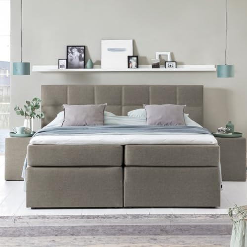 Furniture for Friends 3F Boxspringbett Bea 180x200 cm Beige/Grau Härtegrad H2/H3 | 7-Zonen Taschenfederkern Matratze + Visco Topper | mit Bettkasten für Stauraum