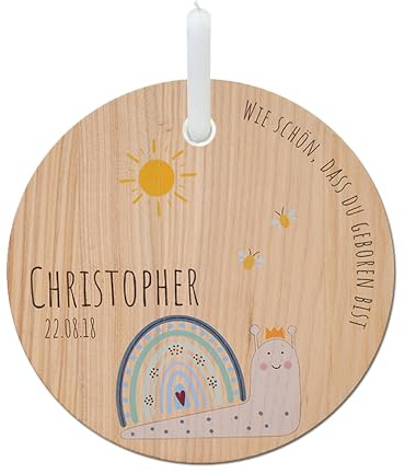 LOOXIS Personalisierter Geburtstagsteller für Kinder mit Namen Bedruckt – 20cm, inkl. Kerze, Eschenholz – Geschenkidee Jungen, Mädchen, Geburt, Taufe, Kindergeburtstag – Motiv: Schnecke Blau
