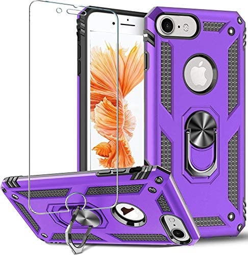 Folmeikat iPhone 8,iPhone 7,iPhone 6s/ 6 Phone Case, With Screen Protector 360 Degree Rotating Metal Ring Shock Absorption Reinforced Corner TPU for Apple iPhone 6/6s/7/8G 4.7 Purple