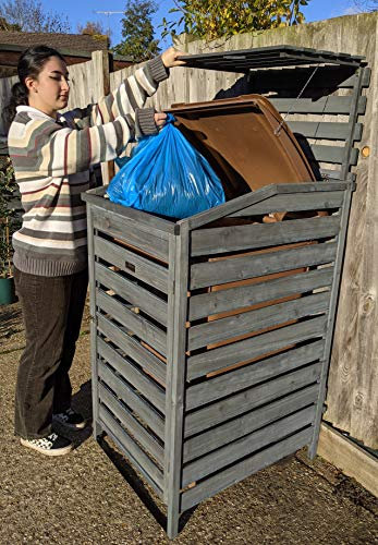 BinGarden Single Wheelie Bin Storage Store Bi-Fold Roof Painted Dark Grey Garbage Cover Garden Shed Tidy Hide Trash Can Outdoor Dustbin Slatted Hideaway for up to 240L Bins / 65G Cans