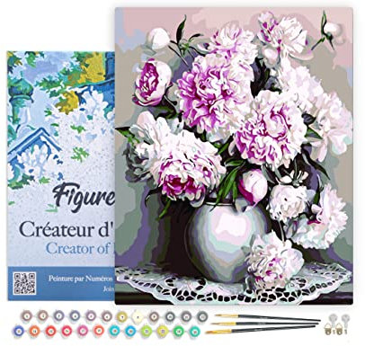 Figured'Art Peinture par Numéro Adulte avec Cadre Vase de Pivoines - Activité Manuelle Kit de Loisir Créatif DIY Numéro d'Art Complet - 40x50cm toile tendue sur châssis