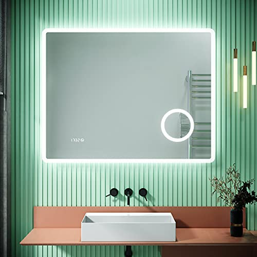 SIRHONA Miroir LED Salle de Bain 90x70cm, Miroir Lumineux Salle de Bain avec Anti-buée, 3X Loupe, Affichage de L'heure, Prise pour Rasoir