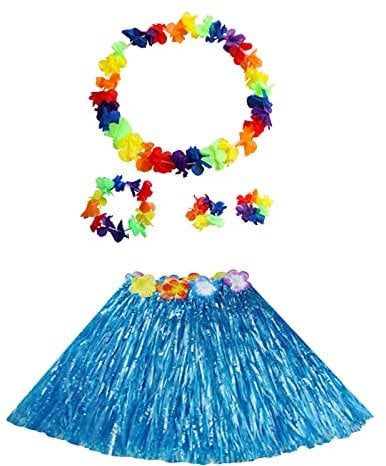 duoyif Hawaii Rock Mit Blumenkette, Hawaiian Hula Rock Für Damen Männer, Hawaii Outfit Party Kostüm Für Hawaii Party Strandpartys Geburtstags Karnevals Ostern Cheerleading Bühnendekor 40cm (Blau)