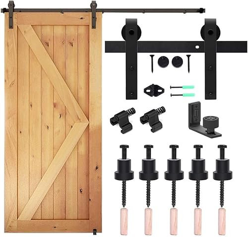 CCJH 7.5FT/224cm Heavy Duty Sliding Barn Door Hardware Track Kit J Shape Roller Hanger Set for Single Wooden Door with Adjustable Floor Guide - Interior Doors -Easy to Install