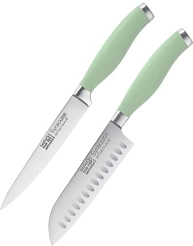 Stainless Steel 2pc Knife Set - Taylors Eye Witness Lichen Syracuse Collection, 13cm Santoku and All Purpose Knife, Fine Cutting Edge, Razor Sharp Blade, Soft Grip with Green Rubberised Handle