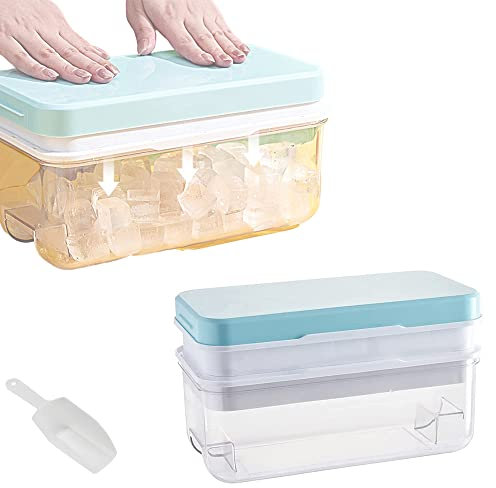 Ninyoon 1 Deuxième Démoulage – Bac à glaçons avec couvercle et bac, moules à glace à 2 niveaux pour 64 glaçons bac de grande capacité avec pelle à glace (Bleu)