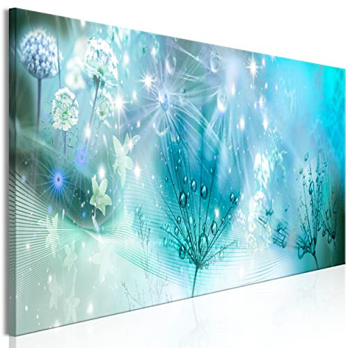 decomonkey Bilder Pusteblume 150x50 cm 1 Teilig Leinwandbilder Bild auf Leinwand Vlies Wandbild Kunstdruck Wanddeko Wand Wohnzimmer Wanddekoration Deko Blumen Abstrakt Tau Pflanzen Blau