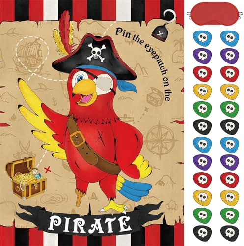 WERNNSAI Pirate Pin the Game Pirate Birthday Party Supplies for Kids Boys | Pin the Eye Patch on the Pirate 71cm x 53cm Parrot Game Poster with 24 PCS Reusable Stickers Blindfold Bday Party Favor Sets