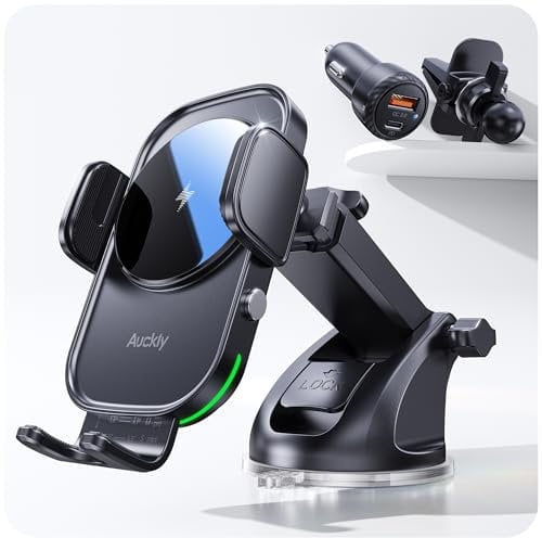 Auckly Handyhalterung Auto mit Ladefunktion, 【mit 48W-Steckdose&Sauger&Clip】 Qi 15W Fast Wireless Charger Auto Laden Automatischer Induktion Ladegerät Car für iPhone 12 13 14 15 16 Pro Max Mini Plus