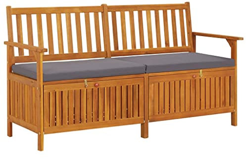 Garten Pflanzenständer Blumenständer Pflanzen Bank, Truhenbank mit Kissen 148 cm Massivholz Akazie Deko Blumenbank witterungsbeständig für Terrasse Balkon Grau