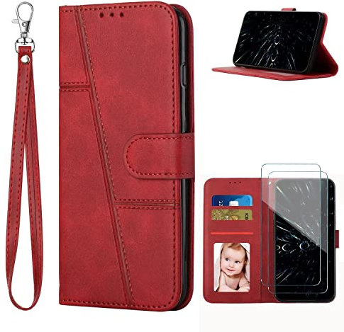 xinyunew Funda de Piel para Xiaomi Redmi Note 9s con Tapa para Xiaomi Redmi Note 9s + 2 Piezas Cristal Templado Carcasa TPU Suave Silicona Case con Colgante (Rojo)