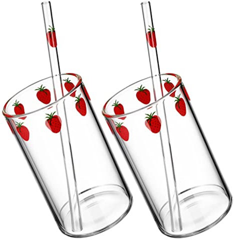 Luxshiny 2ensembles Tasse Transparent Avec Motif Fraise Et De Tasses Pour Boissons Jus Et Lait Pour Maison Les Restaurants Fêtes
