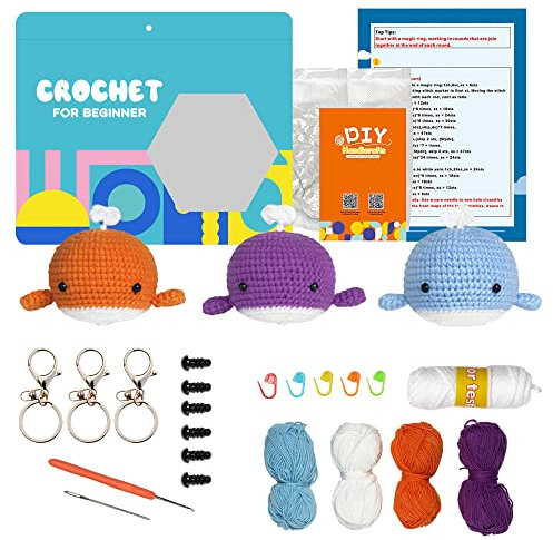 Häkelset für Anfänger, Häkeltiere Set, DIY Häkel Starter Set, mit Schritt für Schritt Anleitungsvideo, Komplettes Häkelset zur Herstellung von 3 Stück Tieren, für Erwachsene Kinder Geschenk (C)