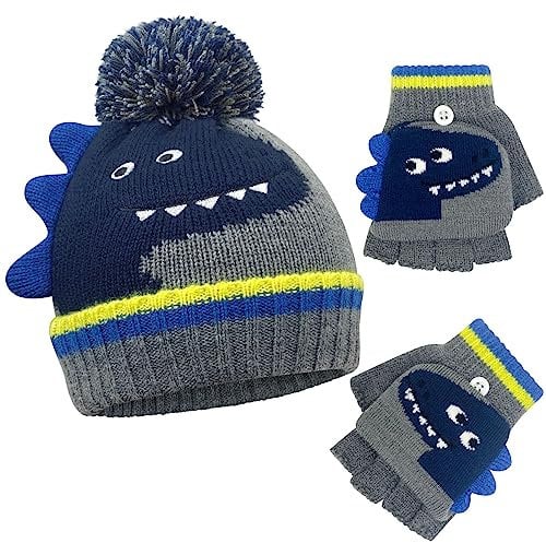 Migliore Wear Kinder Winter Mütze Handschuhe Set, Warme Winterhandschuhe Kinder Beanie Wintermütze mit Dinos Motive, Fingerlose Handschuhe für Jungen und Mädchen