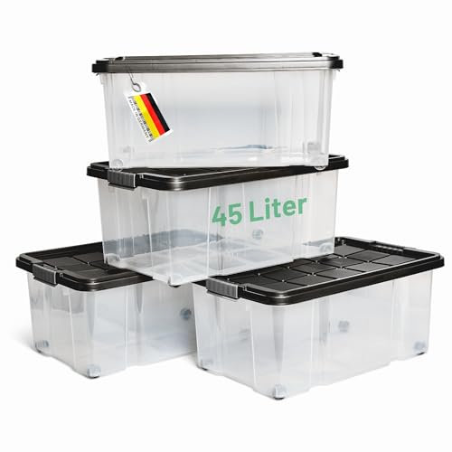 Novaliv 4x Aufbewahrungsboxen mit Deckel Groß 45L Anthrazit Nestbar stapelbar mit Clipverschluss Rollboxen Kunststoff BPA-frei 61x40x26 cm