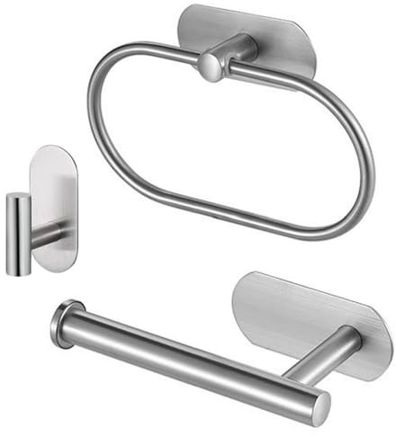 Self Adhesive Toilet Roll Holder and Towel Ring Set, Stick on Toilet Paper Roll Holder and Towel Holder, 304 Stainless Steel Bathroom Hardware Accessories, Easy Stick on Wall, No Drilling (Set of 3)