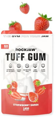 ROCKJAW® Hard Jawline Gum – Tuff Gum 2.0 avec complexe de vitamines B – 100 % xylitol, sans aspartame, sans sucre (2 mois d'approvisionnement) – Strawberry Smash (sans timme)