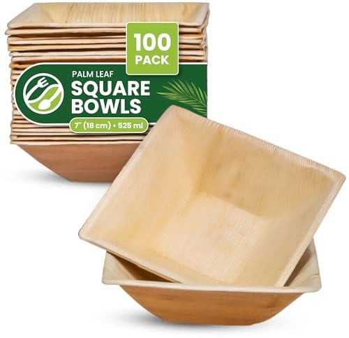ECO Leaf 100 Disposable Palm Leaf Bowls | 7”(18cm) Square Compostable Dinner Bowls | Eco-Friendly, Biodegradable Heavy-Duty Bowl for Wedding, Party and Picnic | Microwave & Oven Safe, Pack of 100