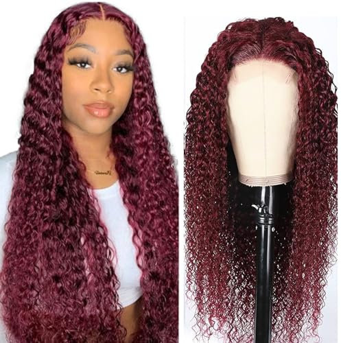Hxxcoup 4x1 Lace Wig Human Hair Wig Water Wave Burgundy 99J Echthaar Perücke Frauen Grade 8A 150% Density Ombre Colour T Part Wig Lace Front Perücke Menschenhaar Perücken 16 Zoll