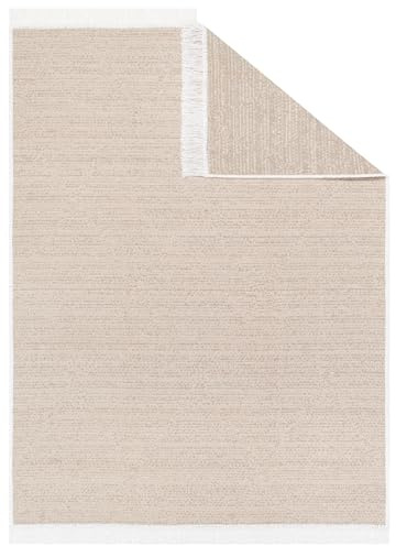 TAPISO Azteca Teppich Kurzflor mit Fransen Baumwolle Beige Creme Waschbar Boho Beidseitig Anwendbar Wohnzimmer Schlafzimmer Fransenteppich Küche ÖKOTEX 60 x 110 cm
