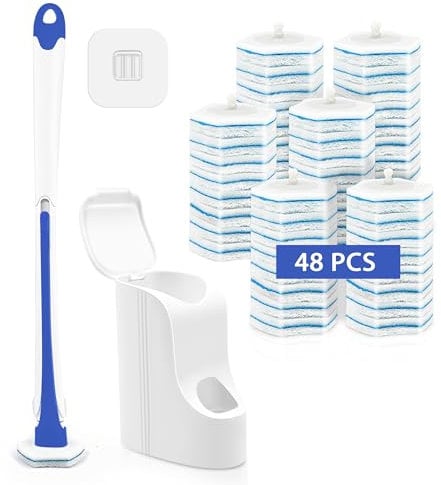 JEHONN Disposable Toilet Brush and Holder Set with 48 Cleaner Refills, Wall Mounted Bathroom Bowl Cleaning Wand System for Bathtub Sink Wash Basin (Blue)
