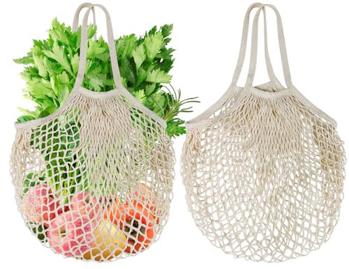Mordx 2 Pack Portable Shooping Mesh Bags, Reusable Grocery Washable Organic Cotton Rope Shooping Bags, Long Handle Shoppingfor Fruit and Vegetable Storage (Beige)