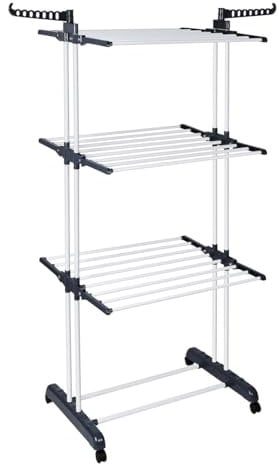 T-LOVENDO.ES Tendedero Vertical Plegable De Alta Capacidad de Ropa - 4 Niveles con Barras de Acero Inoxidable con Dos Alas Laterales Amplio Espacio para Secar. Ruedas Incluidas. Gris.