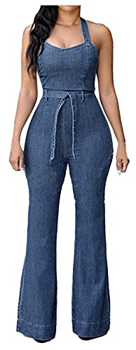 Tuta in denim da donna vestibilità ampia classica casual jeans salopette in denim elastico pagliaccetto pantaloni larghi pantaloni jeans jeans a gamba larga in denim invecchiato tuta lunga da donna