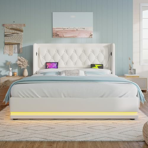 Luxuriöses Polsterbett 180x200cm - Weißes PU-Leder, USB-C Ladefunktion, LED-Beleuchtung & hydraulischer Stauraum - Modernes Design für maximalen Schlafkomfort und Funktionalität