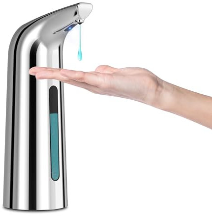 HMJIA Distributeur Savon Automatique 4 Niveaux Réglables Distributeur Savon Electrique avec Capteur IPX6 Distributeur de Savon Etanche pour Cuisine et Salle de Bain Hôtel Restaurant (400ml - Argent)