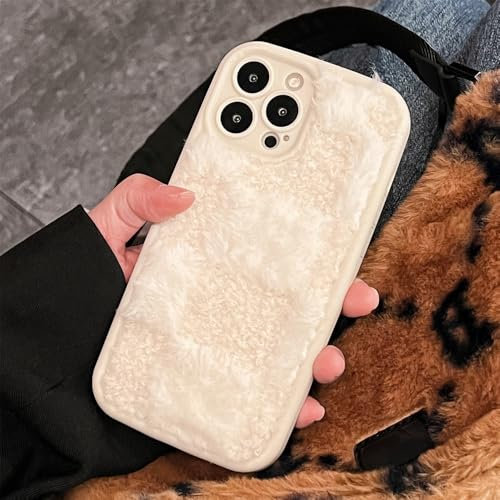 HUUMAGIC Süße, Flauschige, weiche Handyhülle aus Plüsch für iPhone 16 15 14 13 12 11 Pro Max Plus, stilvolle gespleißte Gitter-Schutzhülle auf der Rückseite, weiß, für iPhone 14ProMax