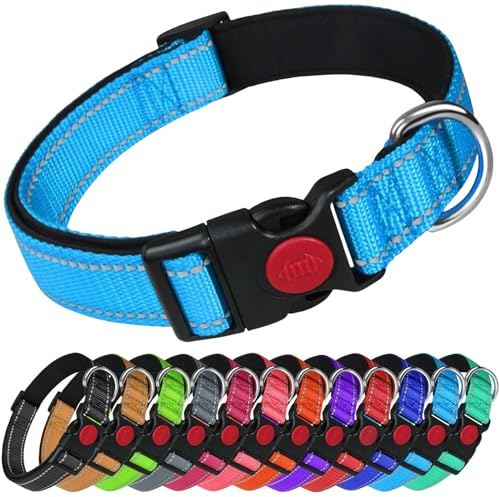 LARRYROO Reflective Dog Nylon Collar | Slide Lock Safety Buckle | Fully Adjustable | Soft Neoprene Padding (Sky Blue, Extra Large (45cm - 70cm Neck))
