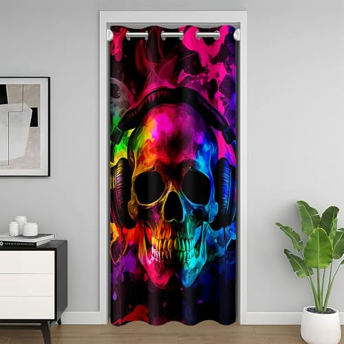 Homewish Skeleton Türvorhang 86x203 Kinder, Modisch Neuartig Graffiti Kopfhörer Furcht Totenkopf Vorhang für Mädchen Jungen Teenager, 3D Digitaldruck Sichtschutzvorhang Jungenzimmer Dekorativ