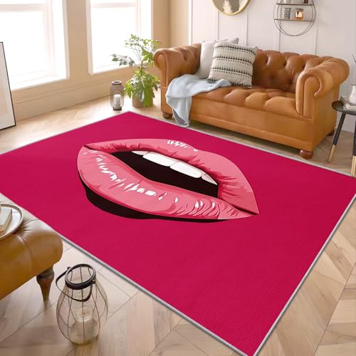 PaxGloz Kussmund Dekoration - Teppich Wohnzimmer Schlafzimmer Pop Art Lippen, Großer Teppich Mädchenzimmer Rosa Modern, Weich Kurzflor & Waschbar & rutschfest Bettvorleger 140x200 cm