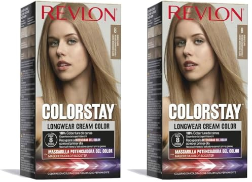 Revlon Colorstay Tinte Pelo Mujer, Coloración Permanente de larga duración, Incluye mascarilla potenciadora del color, Hasta 8 semanas de color, Tono 8 Rubio Claro (Paquete de 2)
