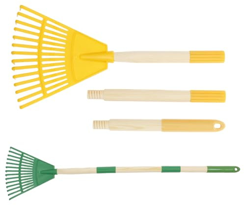 Harupink Lot de 2 râteaux à feuilles pour enfants avec 14 dents et manche en bois naturel de 67 cm - Balai à gazon amovible - Longueur totale : 86 cm (jaune et vert)