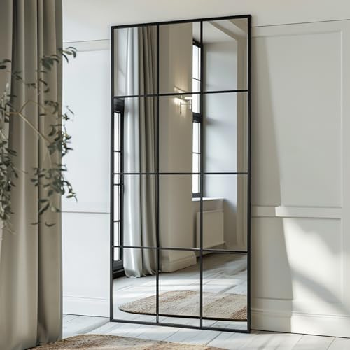 LunaMirror 60x165 cm Window Mirror Full Length Black Aluminum Frame Rectangular Windowpane Wall Mirror for Indoor Living Room Hallway Entrance Outdoor Garden Decor