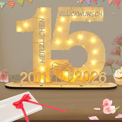 Seutgjie Deko 15 Geburtstag Mädchen Junge 2011-2026, Geldgeschenke Geburtstag 15 mit LED Lichterkette Geschenkpapier, 15 Jahre Jubiläum Kristallhochzeit Hochzeitstag Holz Schild Gästebuch