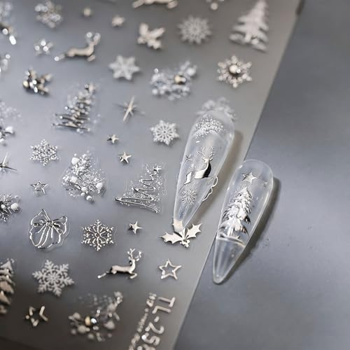 RUISPEED Weihnachts Nagelsticker Silber – 5D geprägte Nagelaufkleber mit Strass, Schneeflocken & Weihnachtsbaum Motiv, Rentier Nail Art für Frauen, DIY Maniküre Zubehör