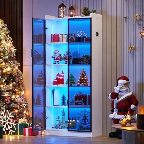 FREDEES Vitrine mit LED-Beleuchtung & Bewegungssensor, Weiß | 5 Ebenen, Verstellbare Einlegeböden, Für Figuren & Sammlerstücke, Wohnzimmer & Büro