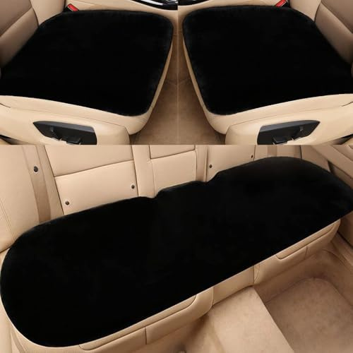 Xiyocadt 3er Set Verdickte Plüsch Autositzkissen, Warmer Autositzbezug, Winter Universal Kunstpelz Autositzkissen Full Set, Plüsch-Sitzmatte (3 Stück,Schwarz)
