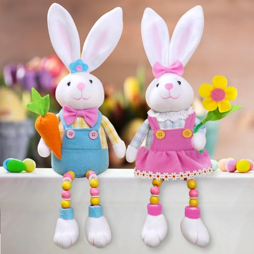 Anroong Easter Bunny Decorations for Home 17.3'' Easter Bunny Gonk Plush Decor Rabbit Stuffed Doll Gifts for Tiered Tray Party Home Table Decorationsr(Set of 2)