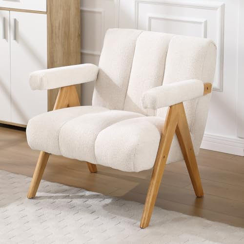 chairus Modern Comfy Armchair, Thick Padded&Solid Wood Legs, Oatmeal | Stitching design, Chenille upholstered cushion, Sturdy&stable wooden legs, for Living room/bedroom/waiting room