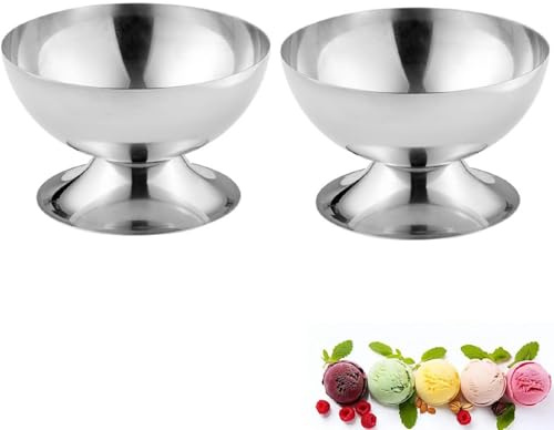 YilinkMart 200ml Eisbecher Dessertschale Edelstahl Mit Fuß, 2 Stück Dessert Tassen Servierschüssel, Cocktail Gläser Dessertbecher Für Eis, Eiscreme, Obst, Salat, Pudding (S,Edelstahl)