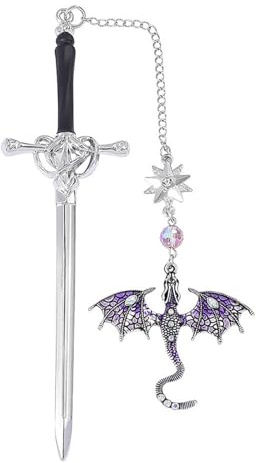 Fantasy Lesezeichen viertem Flügel,Schwert Drache Stil,Lesezeichen PersonalisiertMetall mit Vintage Silber Charme,Geschenk für Frauen Männer Buchliebhaber,Bookmark Kristall Anhänger,Lila SQ2319
