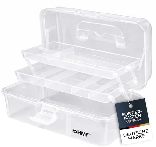 HMF Nähkasten aufklappbar mit 3 Ebenen, Sortierbox für Kleinteile | 33 x 20 x 15 cm | Transparent