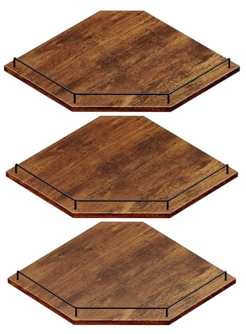 JJL Eckregal zur Wandmontage, 30 cm, 3-stöckig, schwebendes Eckregal, sechseckig, rustikales Holzdekor mit Zaun, brauner Aufbewahrungs-Organizer für Wohnung, Schlafzimmer, Küche, Badezimmer