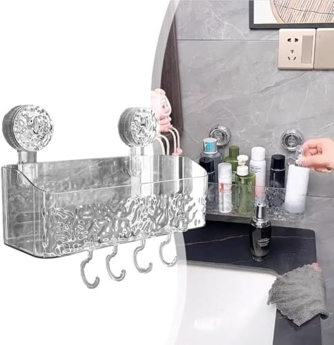 Étagère de douche murale à ventouse, panier de rangement léger de luxe motif glacier pour salle de bain – PET 29,5 x 9,5 x 10,5 cm, blanc transparent
