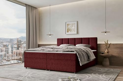 99rooms Bergamo Boxspringbett Doppelbett Ehebett Webstoff Malmo_NEW Bordeaux 160x200 cm Komfortschaum Topper 6 cm, Bonellfederkern-Matratze 19 cm