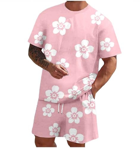 Survêtement homme t-shirt short été ensemble Y2K Hip Hop 2 pièces streetwear pantalon manches courtes deux pièces jogging motif fleurs femmes hommes tenues tenue sport unisexe, rose, S